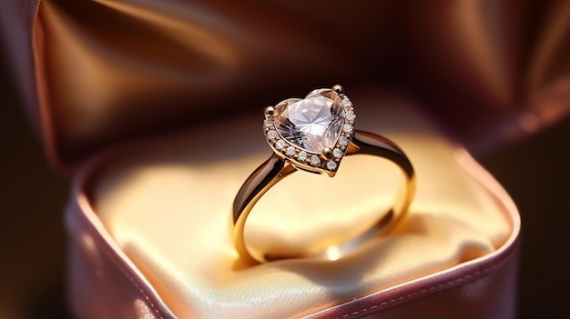 バレンタインデーのプレゼントのための輝くボケの背景に宝石付きの金の指輪
