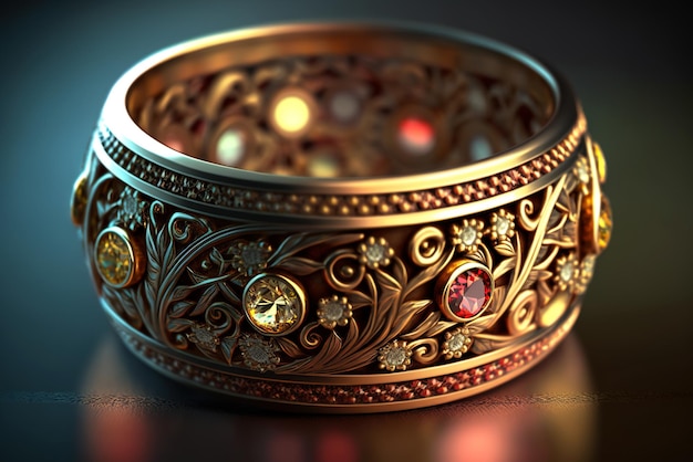 Gold ring with gemstones and small diamonds on dark background generative AI