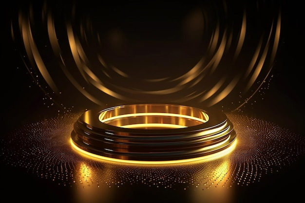 A gold ring with a glowing ring in front of a black background.