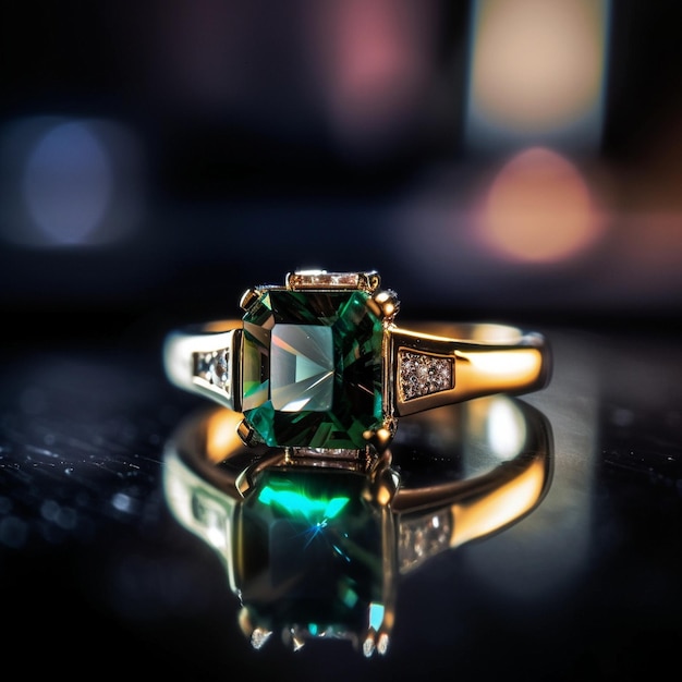 A gold ring with a green stone and diamonds