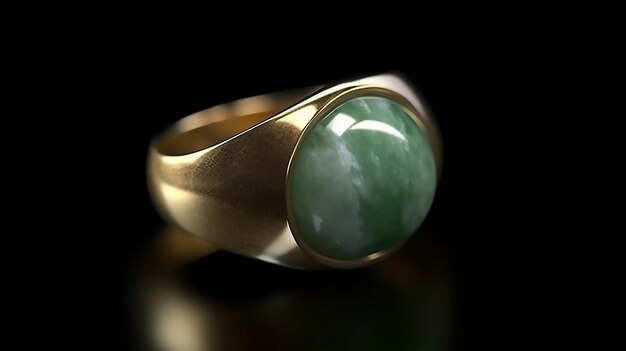 A gold ring with a green stone on it