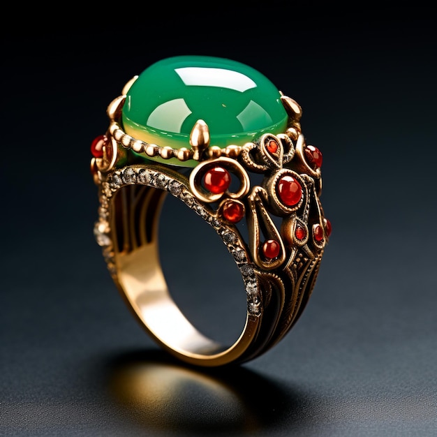 A gold ring with a green stone and red stones