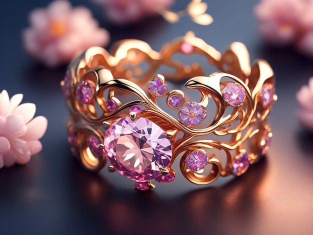 A gold ring with pink diamonds and a pink diamond