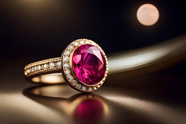 gold ring with a pink stone and diamonds on it