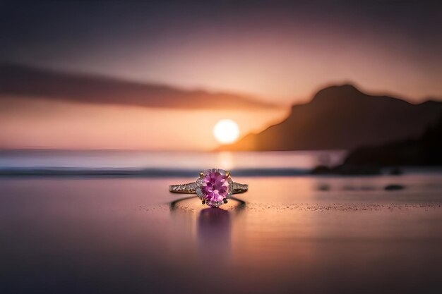 Foto anello d'oro con una pietra rosa e diamanti