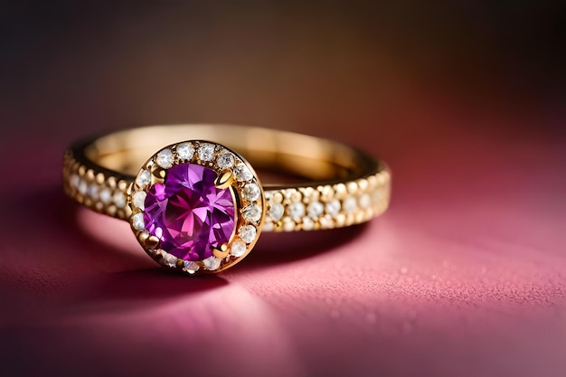 gold ring with a pink stone and diamonds on it