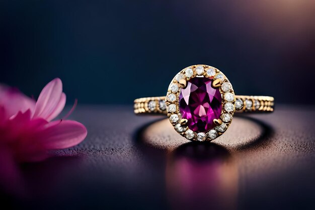 Gold ring with a pink stone and diamonds on it