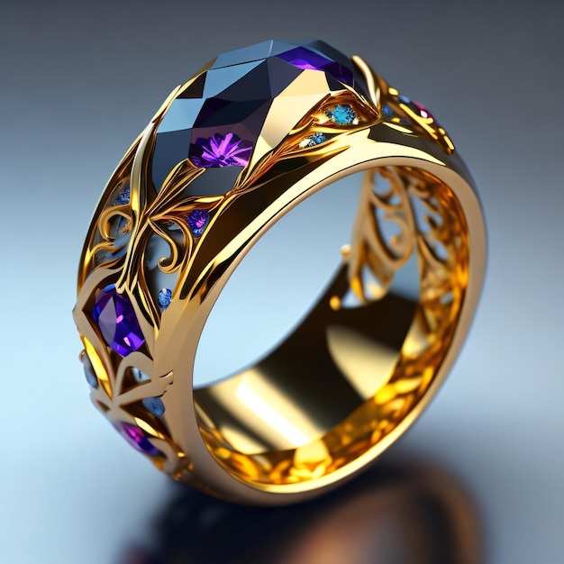 A gold ring with purple and blue stones and a purple diamond.