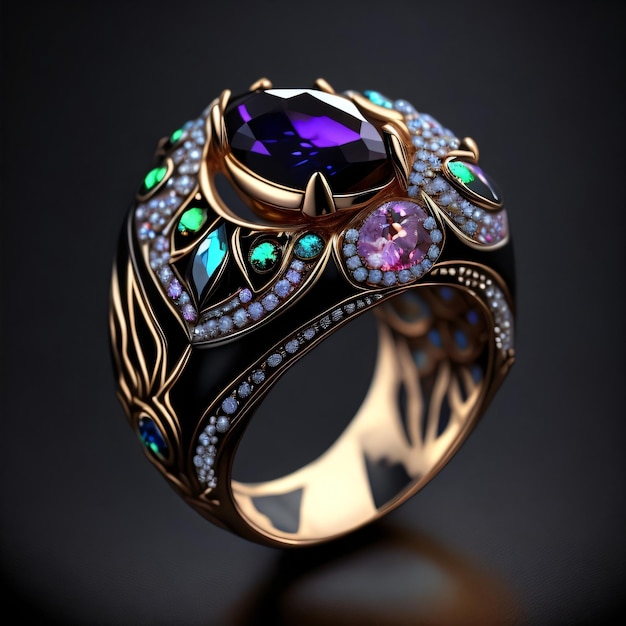 A gold ring with a purple stone and green stones.