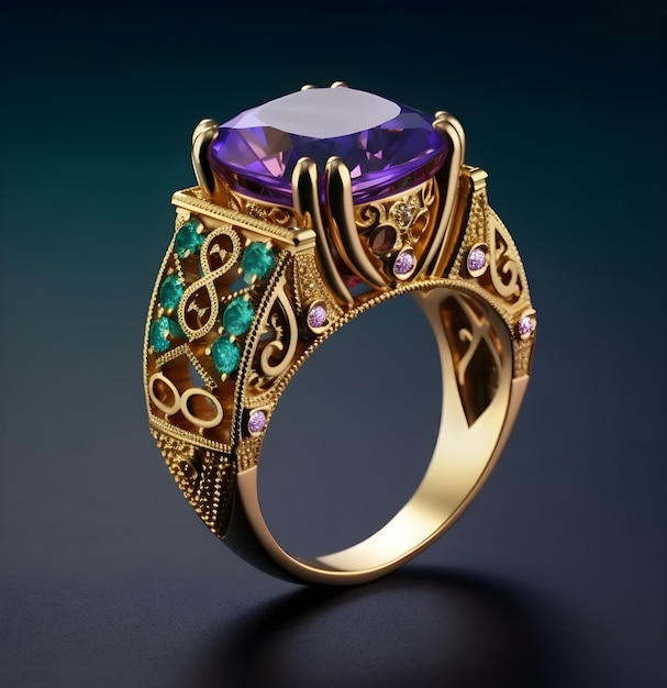 A gold ring with purple stones and a purple stone.