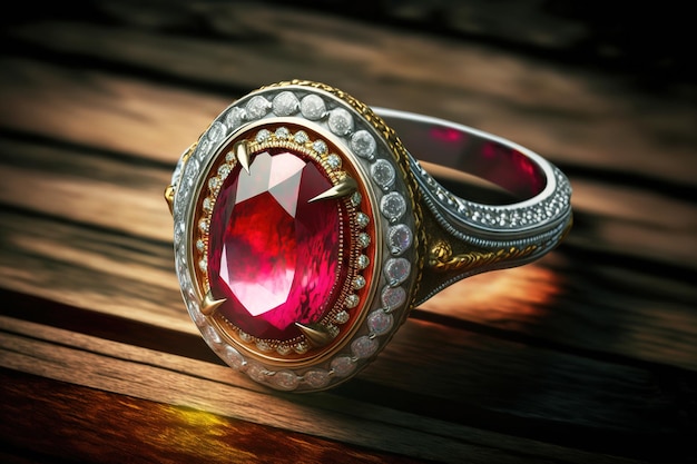 Gold ring with ruby and diamonds on old wooden table generative AI