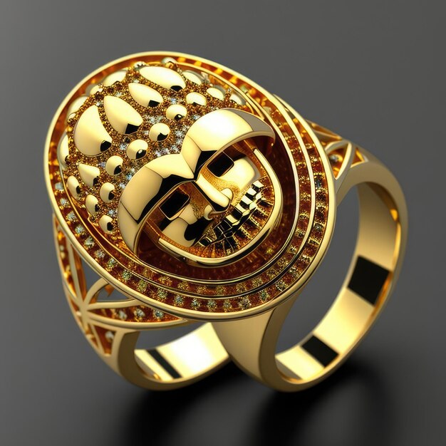 A gold ring with a skull on it