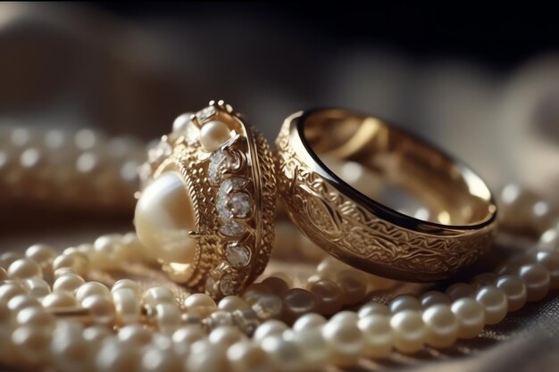 Gold rings on a table with pearls and one has a pearl ring on it