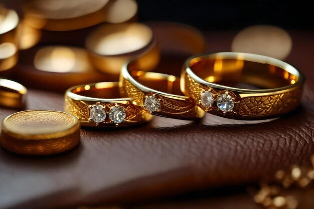 Gold rings with diamonds on them and gold rings on top of them.