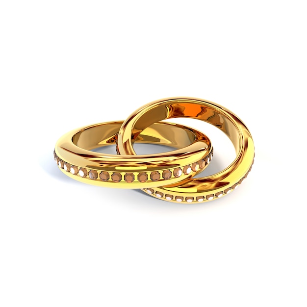 Золотые кольца с бриллиантами на белом фоне. 3D иллюстрация, визуализация