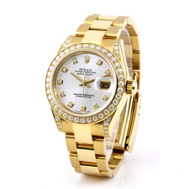 Photo a gold rolex watch with diamonds on the face.