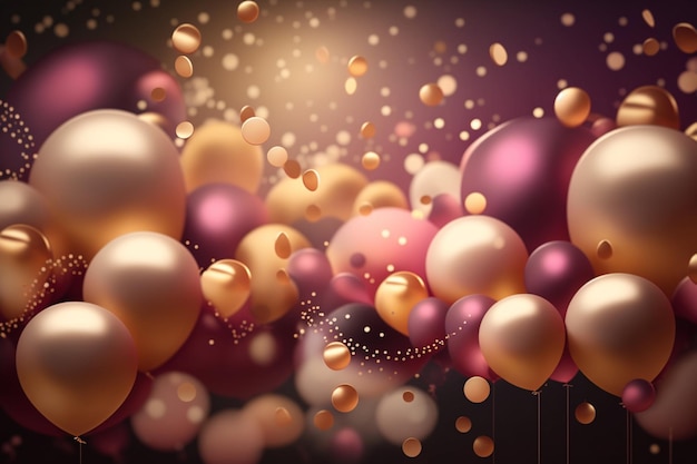золотые и розовые воздушные шары вечеринка фон с днем рождения