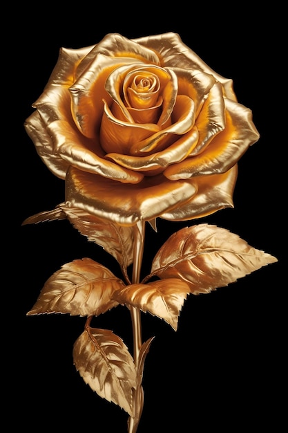 A gold rose with gold leaves on a black background