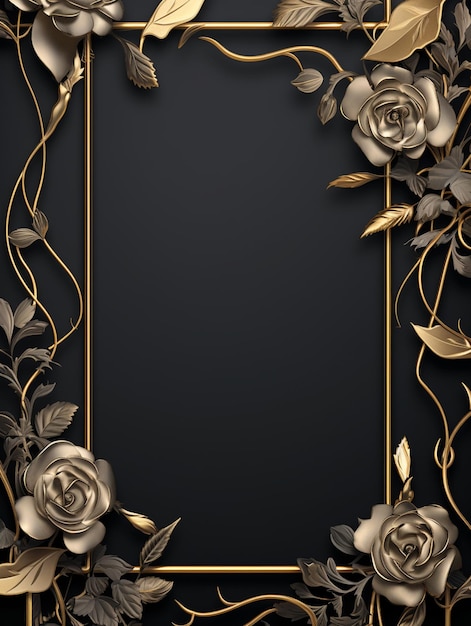 Photo gold roses and leaves on a black background with a gold frame generative ai