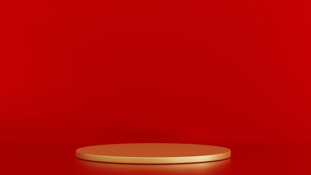 Gold round pedestal podium on red background stage product demonstration award ceremony 3D render