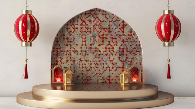 Gold round podium for product presentation with red lanterns in Arabic style