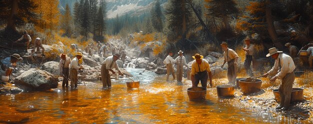 Photo gold rush scene with miners panning wallpaper