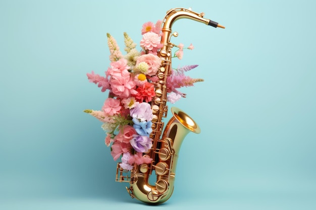 a gold saxophone with flowers in it and a musical instrument in the background.