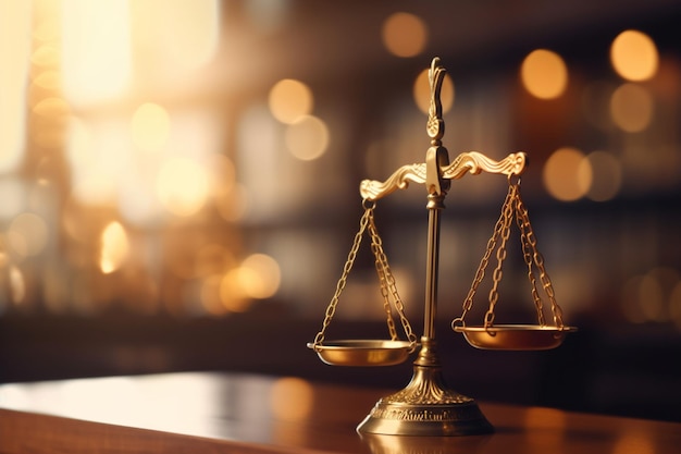 A gold scale sits on a table in a court room.