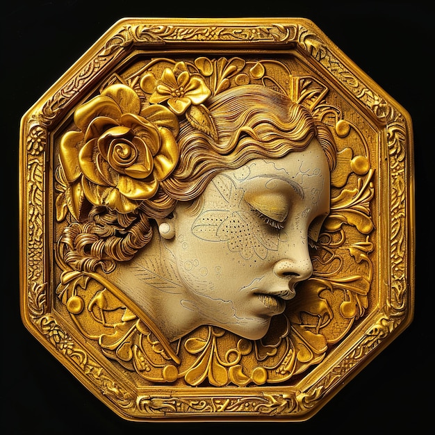 a gold sculpture with a womans face and a flower on it