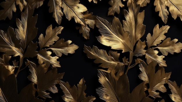 Gold seamless texture with leaves pattern on Black Background with Generative AI Technology