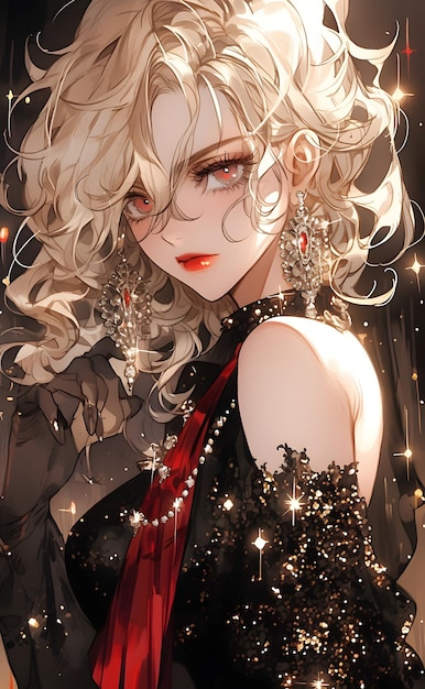 gold sequin and black fabric blonde curly hair ruby red lipstick heavy mascara