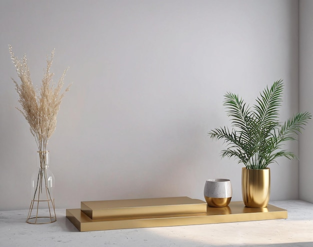 a gold shelf with a plant and a vase