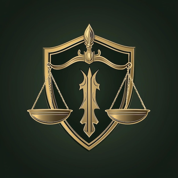 Gold shield emblem featuring scales of justice on a dark background