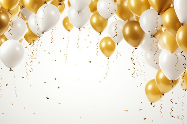 Gold shiny confetti and gold balloons on white background