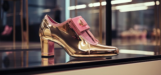 a gold shoe is shown on a shelf in the style of street realism