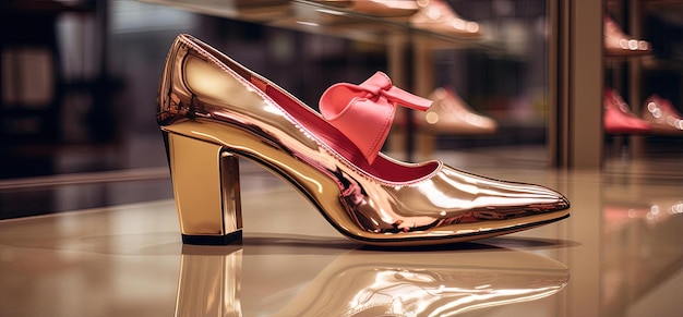 a gold shoe is shown on a shelf in the style of street realism