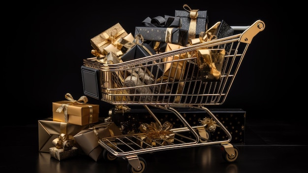 Gold shopping cart filled with gifts and packages black friday sale private sale event online sale