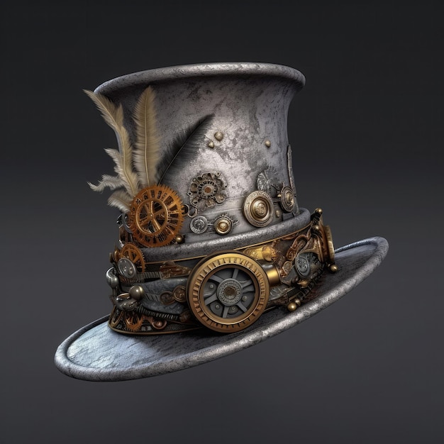Gold Silve Spark Steampunk Hat On Smoky Grey Background Generative AI