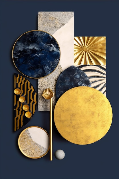 Gold and silver abstract composition with a circle and a gold frame.