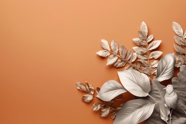 A gold and silver background with leaves and flowers.