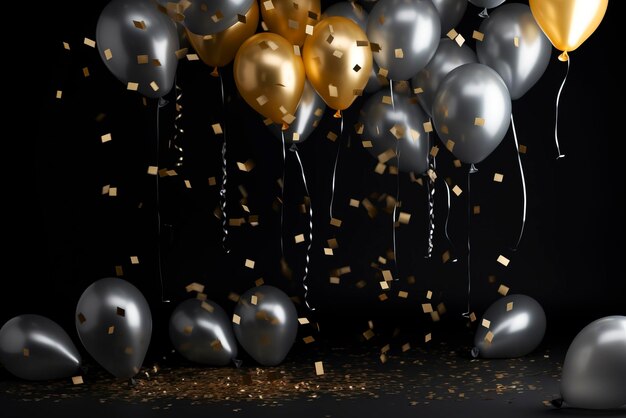 Gold and silver balloon with confetti on dark background