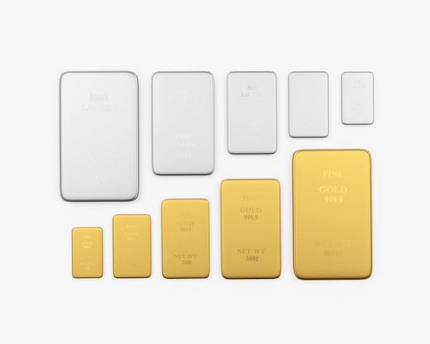 gold and silver bars of various sizes ascending