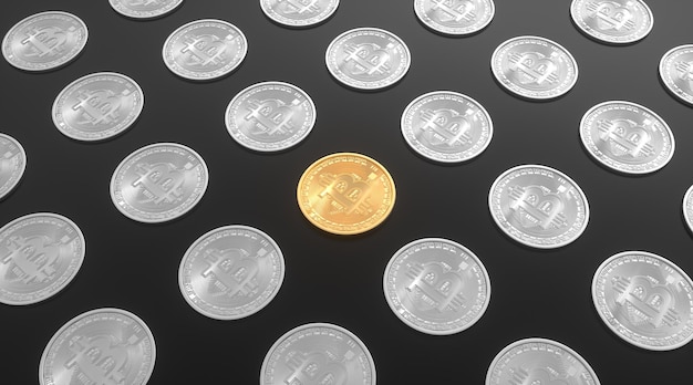 Gold and silver Bitcoins on black background