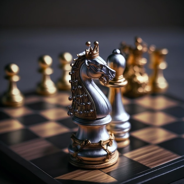 Gold and silver chess on chess board game for business metaphor leadership concept