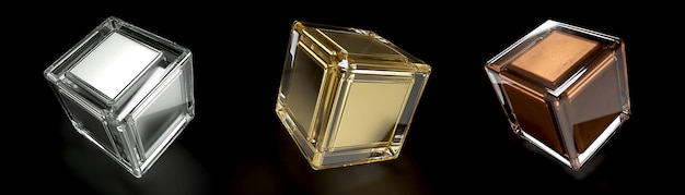 Gold Silver and Copper cube inside a 3D glass cube