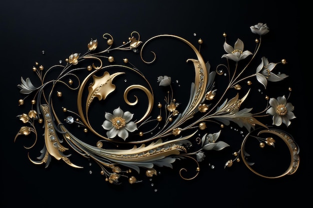 a gold and silver floral design with a gold background