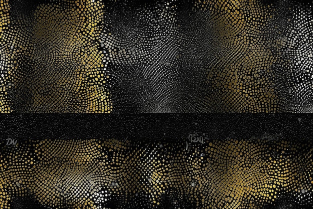 Gold and silver halftone pattern on geometric black background Vector golden glitter dotted sparkles or halftone shine texture