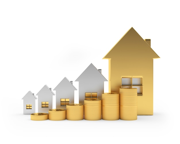 Gold and silver houses icons with coins as a graph 3d