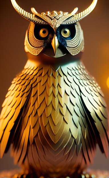 A gold and silver owl with a blue ribbon on its head