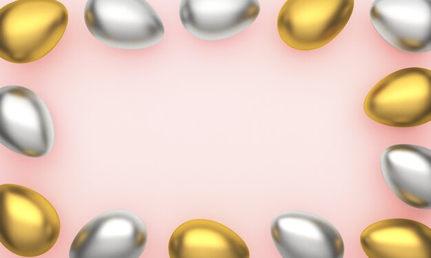 Gold, silver shiny Easter eggs on pink pastel background with space for text.